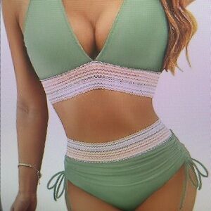 Green Striped Bikini Set